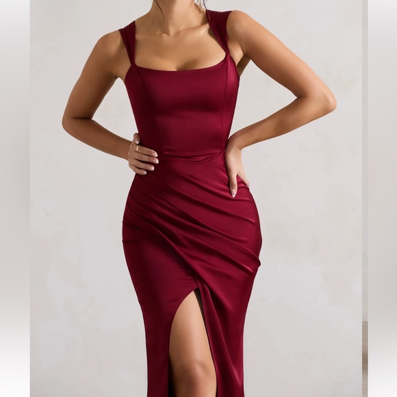 Club L London- Berry Satin Corset Wrap maxi dress - Picture 6 of 6